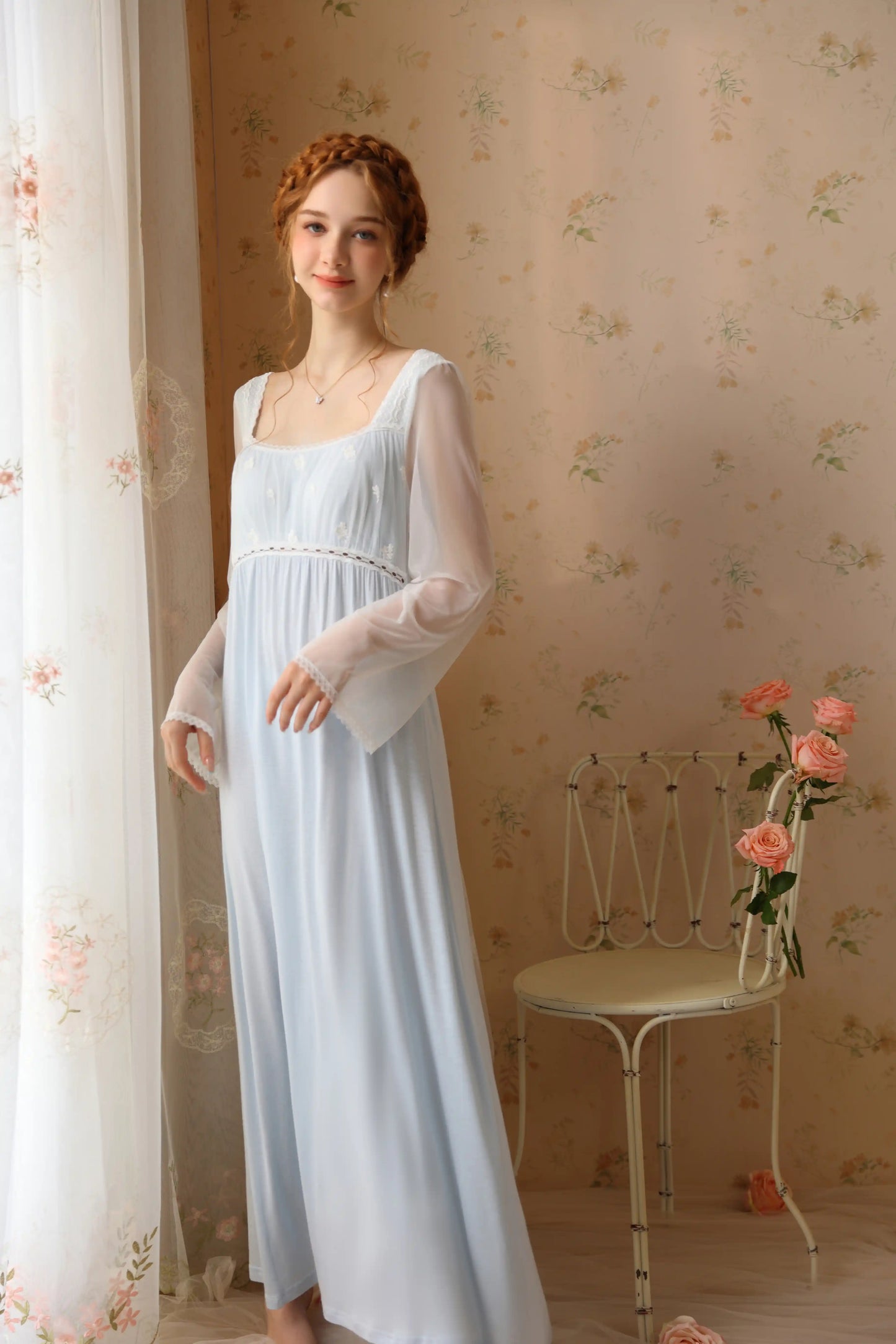 Classic Elegant Sheer Long-Sleeve Nightgown/Home wear