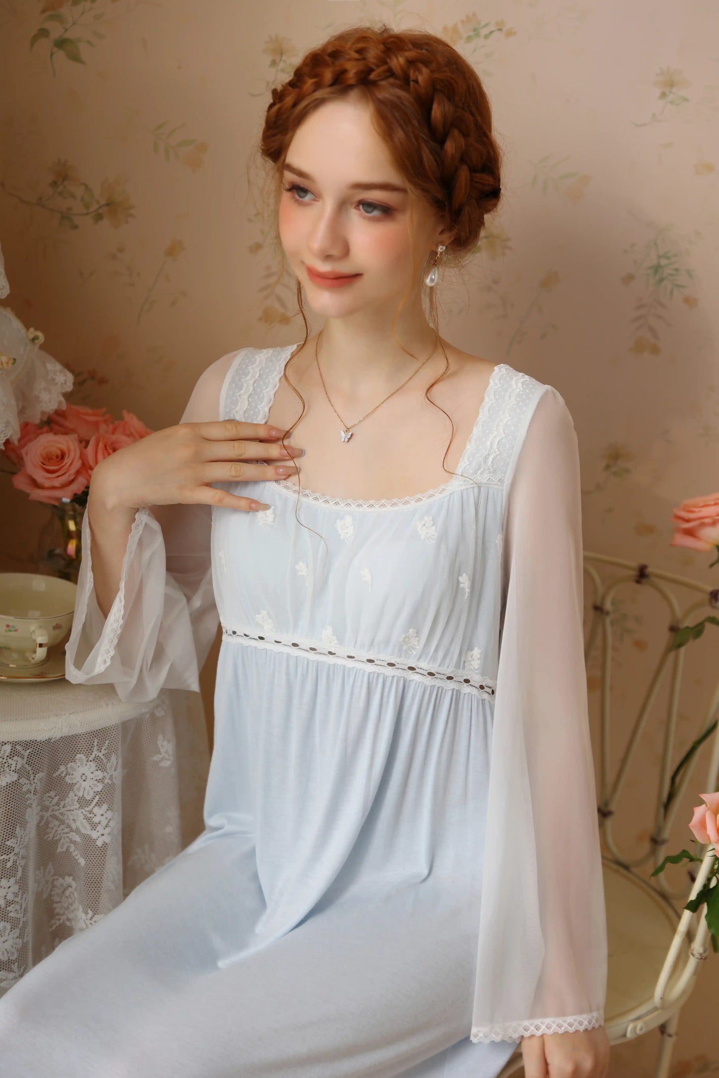 Classic Elegant Sheer Long-Sleeve Nightgown/Home wear