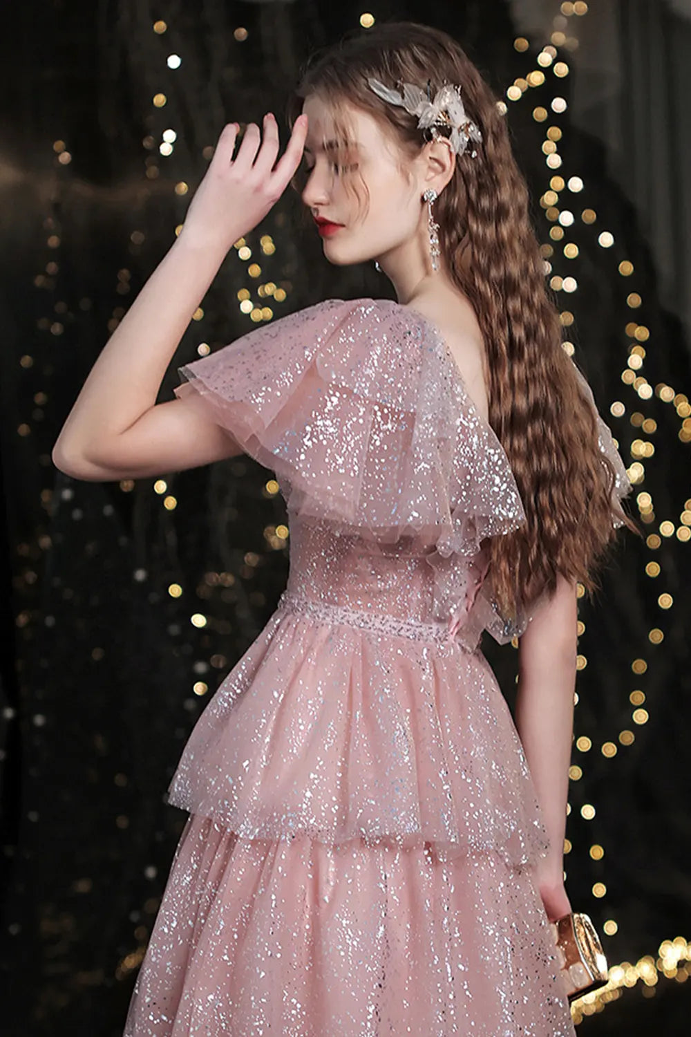 Pink Sparkling Layered Tulle Evening Dress
