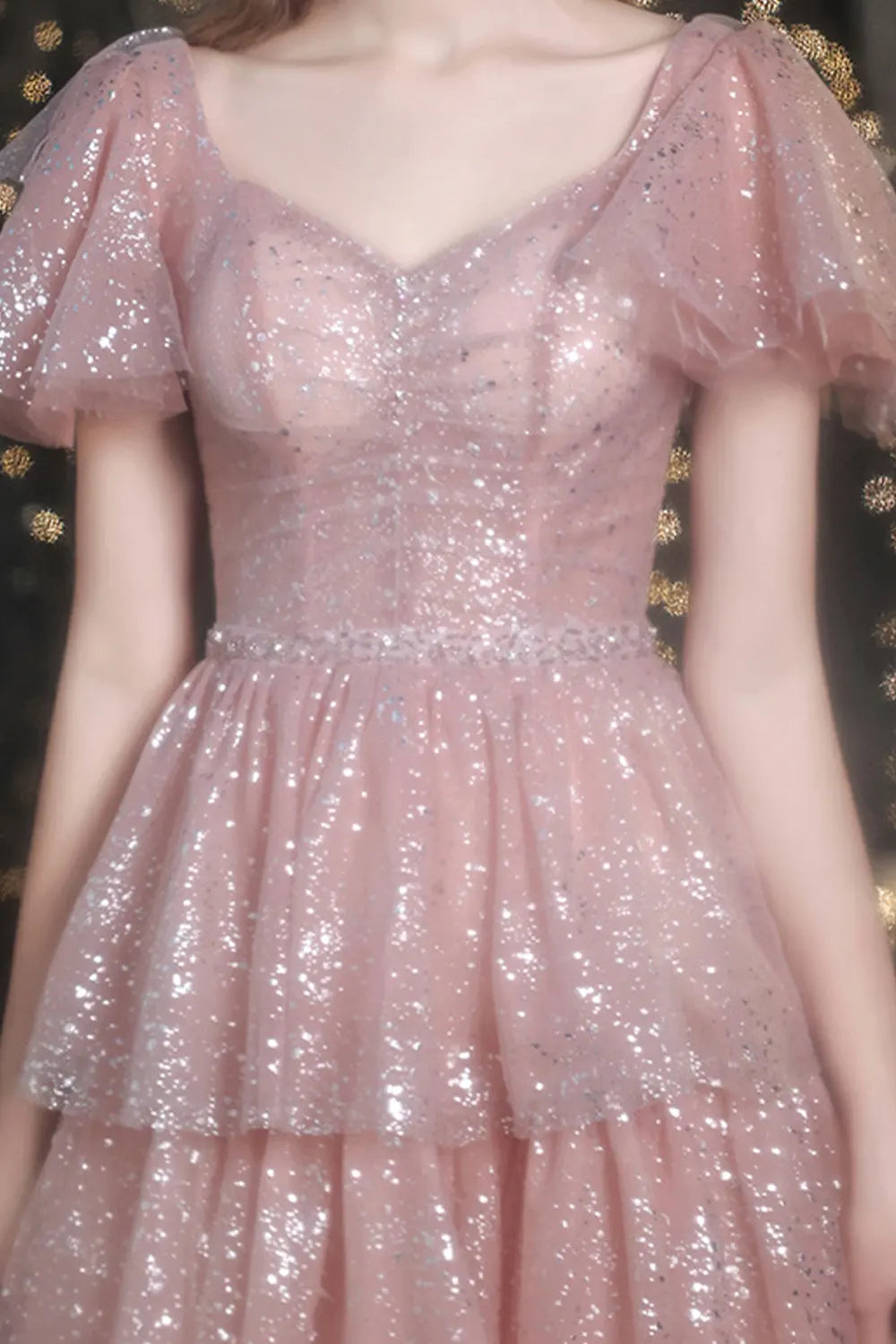 Pink Sparkling Layered Tulle Evening Dress