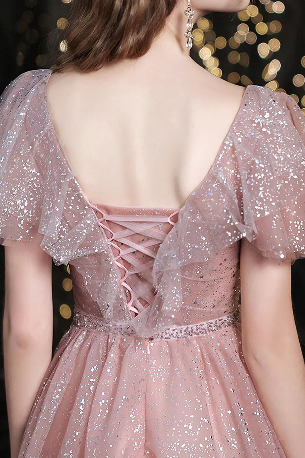 Pink Sparkling Layered Tulle Evening Dress