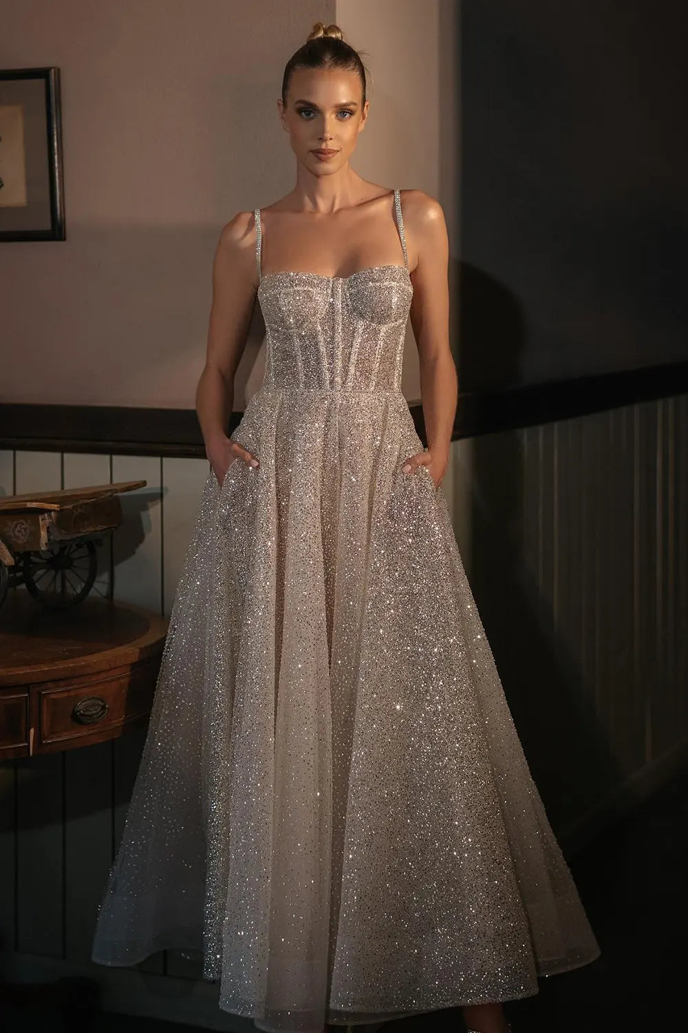 Tulle Sling Evening Dress with Shiny Waist
