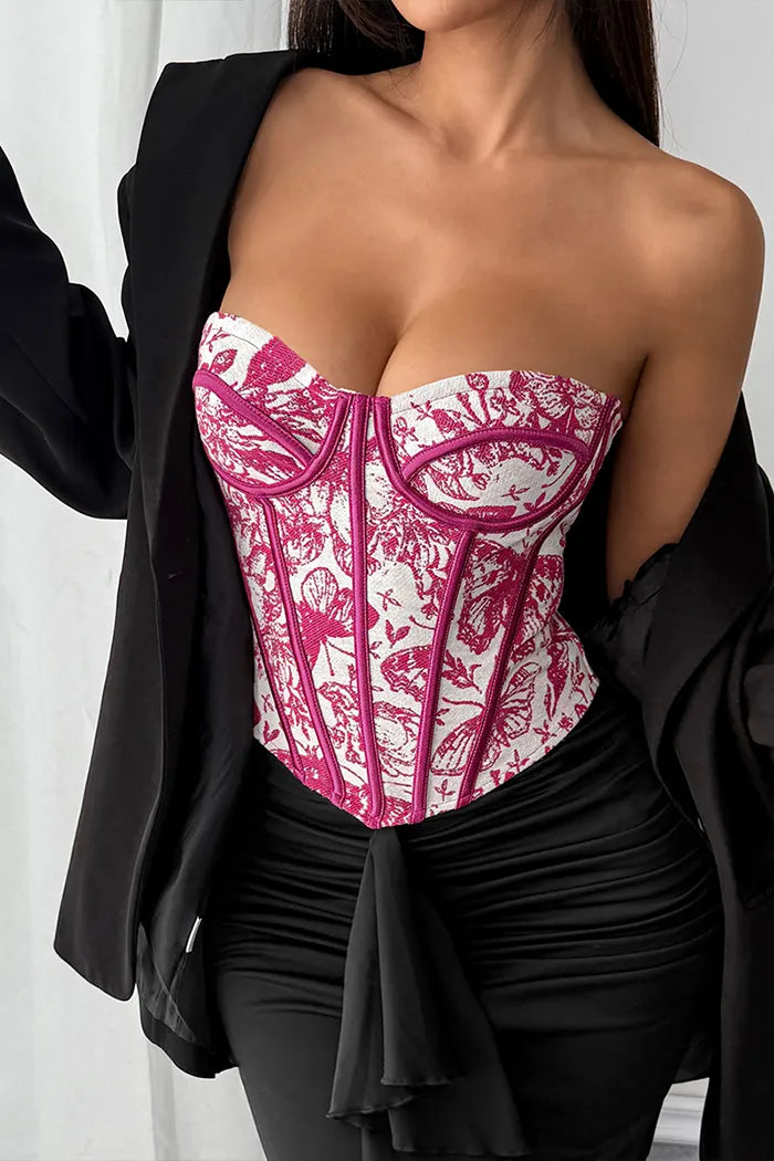 French Printed Lace-Up Corset Top