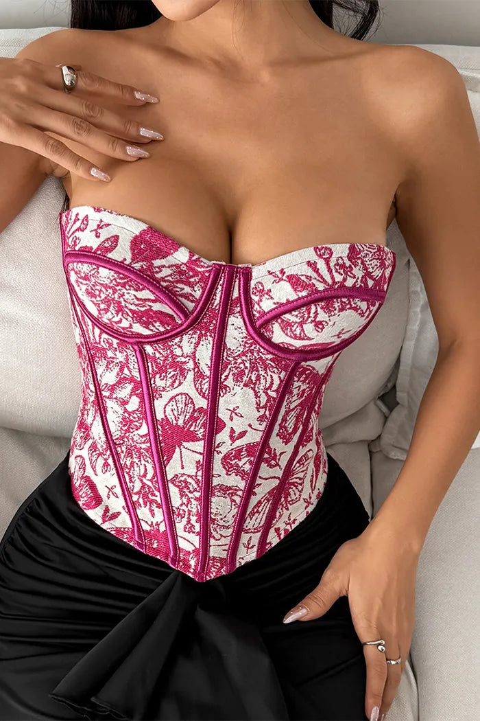 French Printed Lace-Up Corset Top