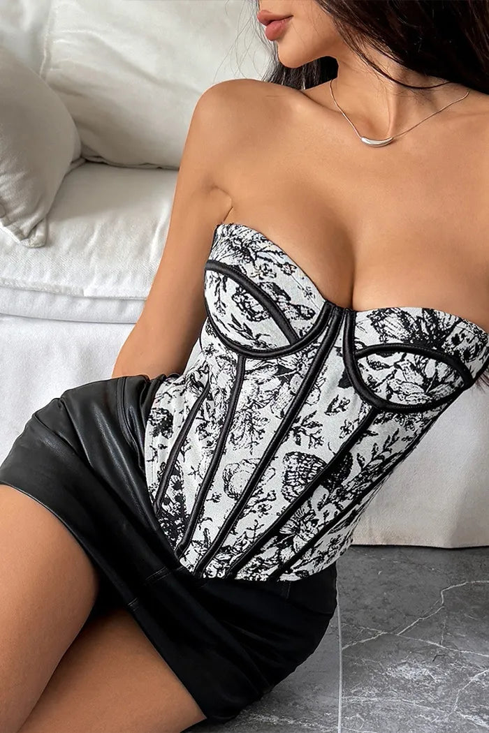 French Printed Lace-Up Corset Top