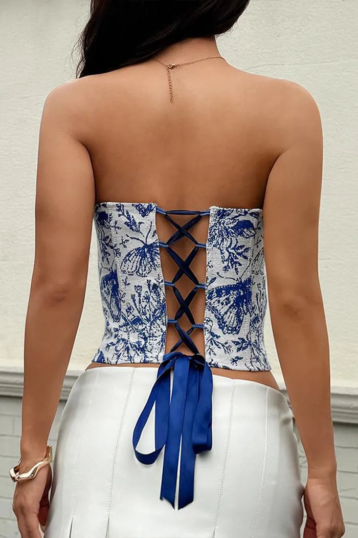 French Printed Lace-Up Corset Top