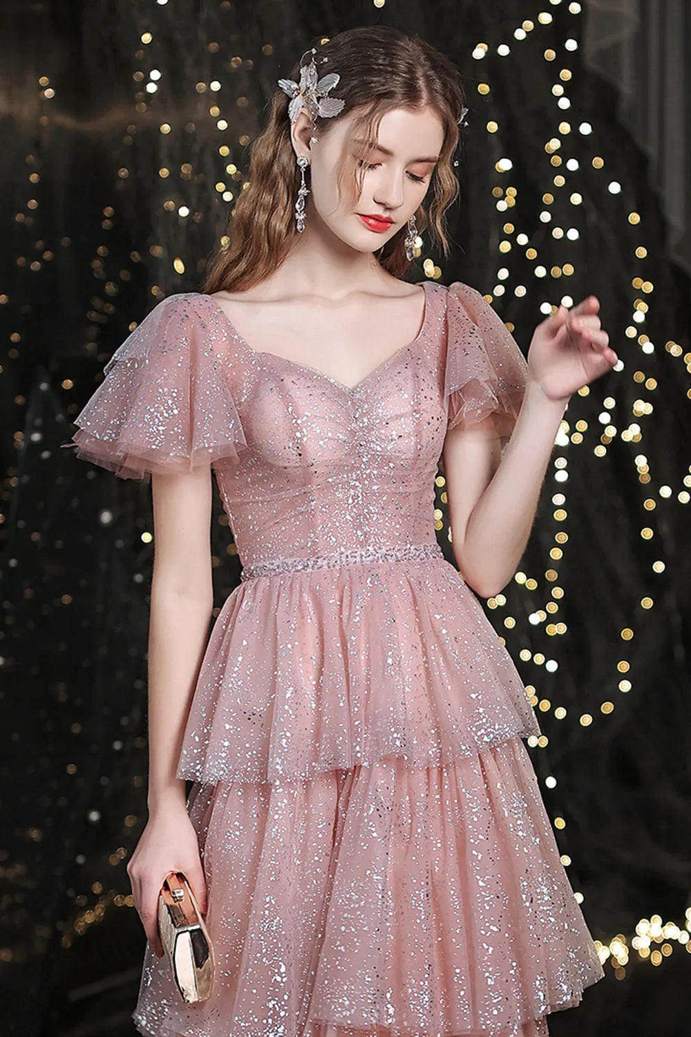 Pink Sparkling Layered Tulle Evening Dress