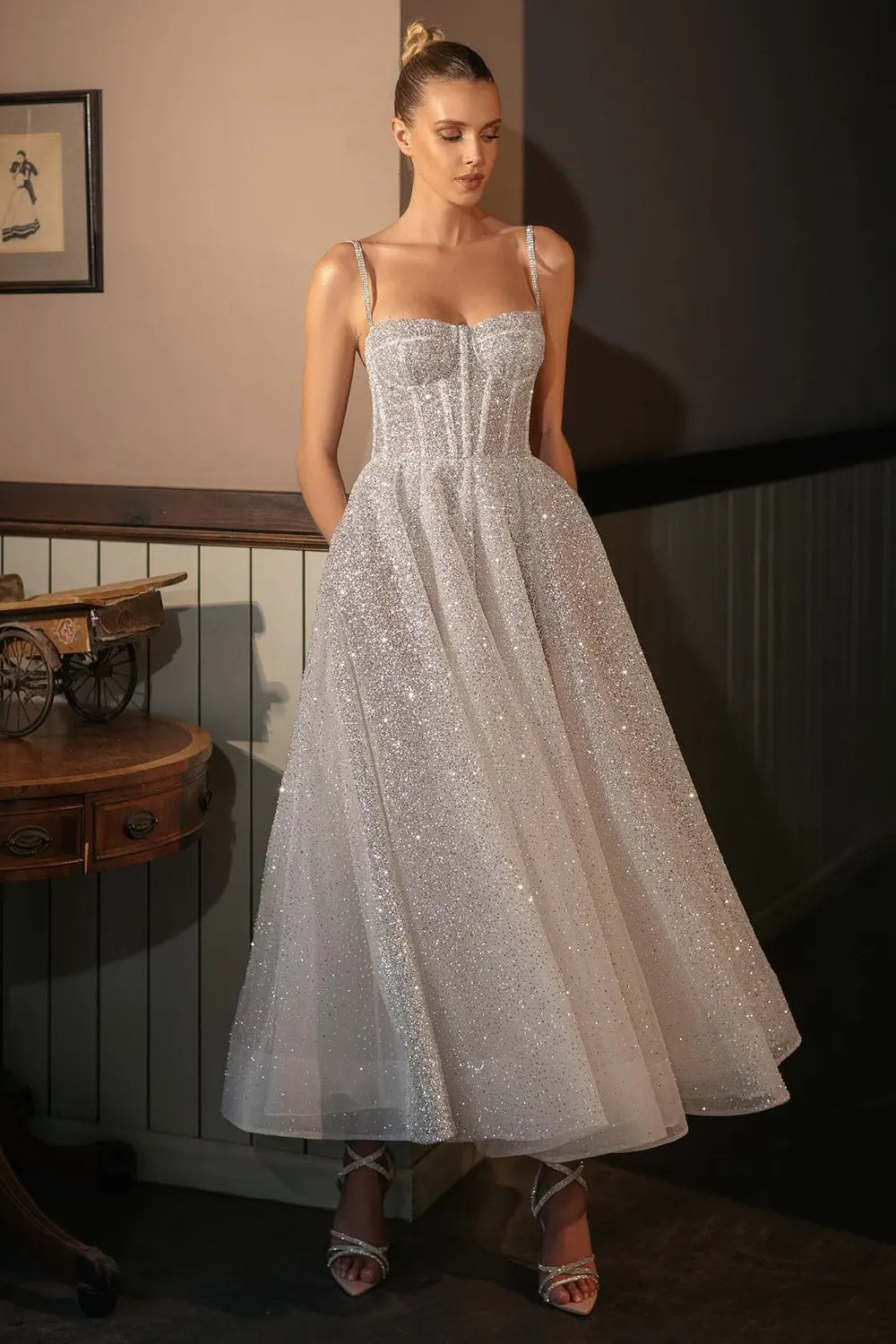 Tulle Sling Evening Dress with Shiny Waist