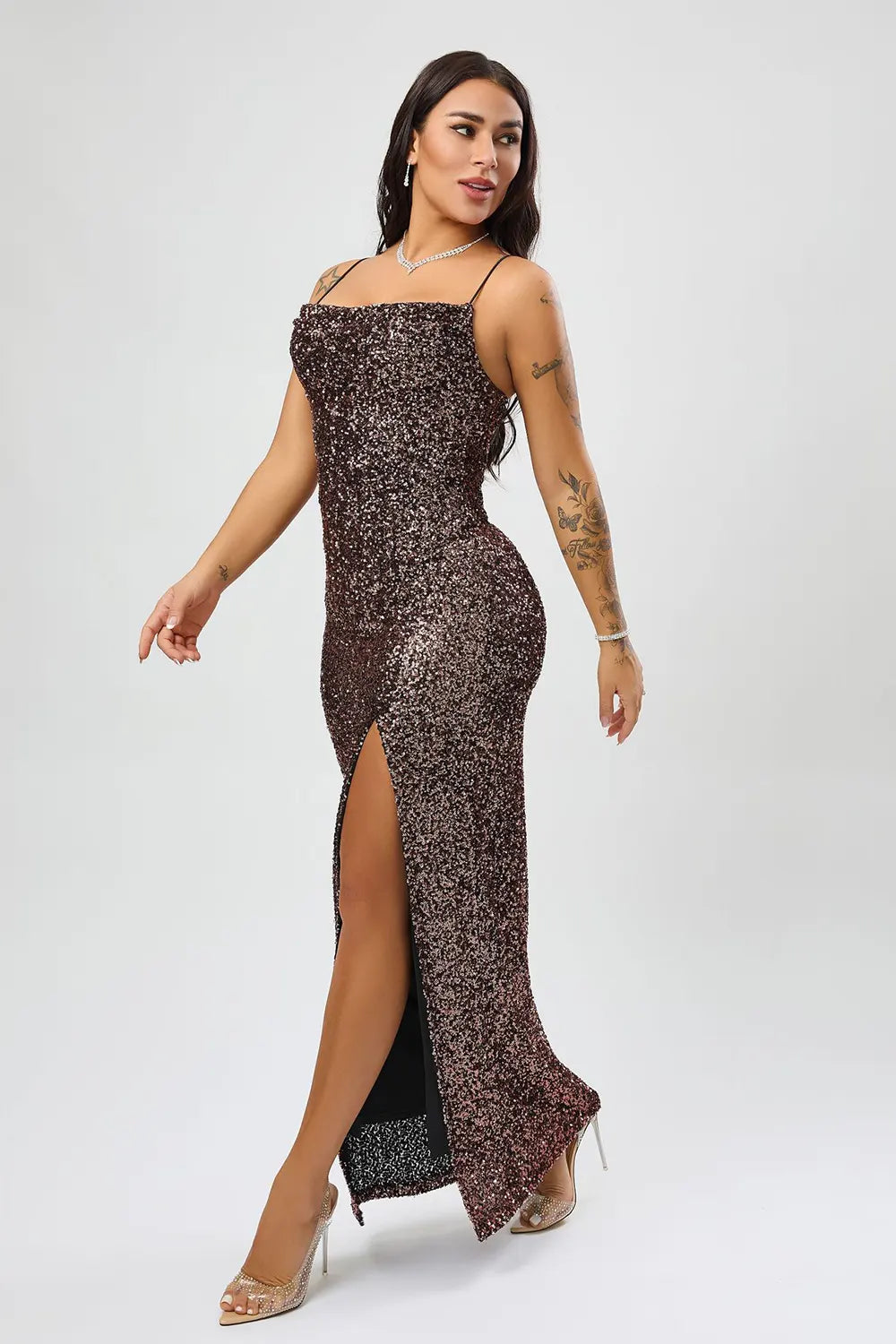 Elegant Sequined Slit Midi Dress