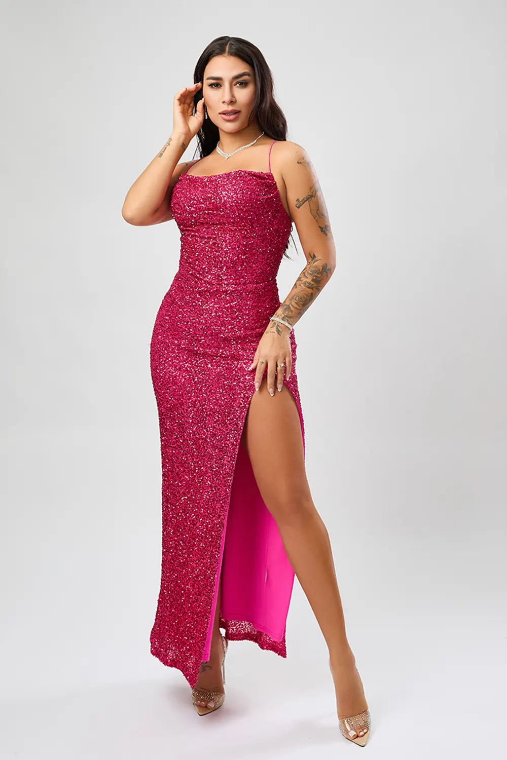 Elegant Sequined Slit Midi Dress