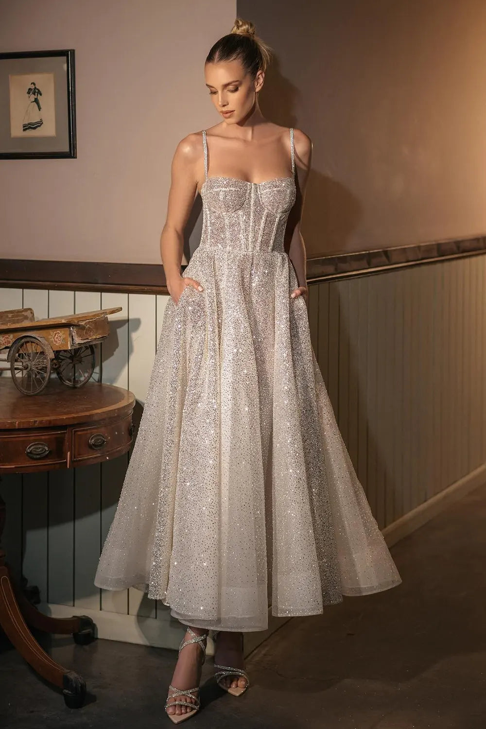 Tulle Sling Evening Dress with Shiny Waist