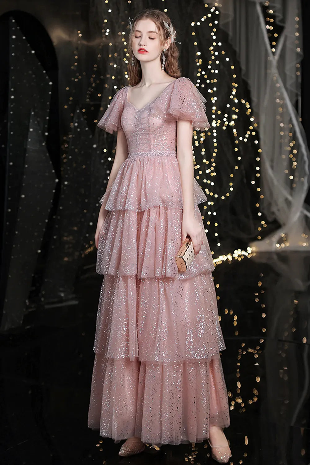 Pink Sparkling Layered Tulle Evening Dress