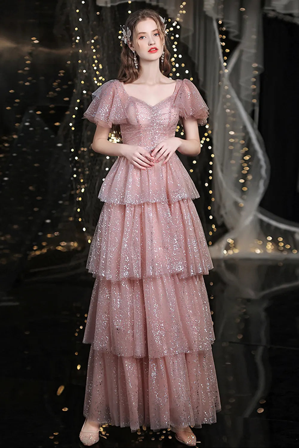 Pink Sparkling Layered Tulle Evening Dress