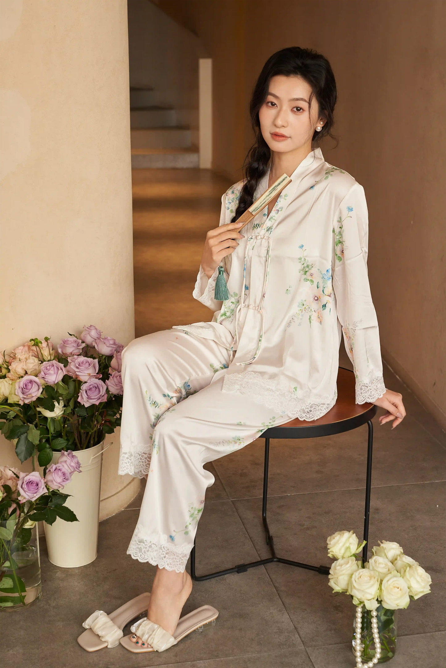 Oriental style pajamas - floral fragrance Special edition - White