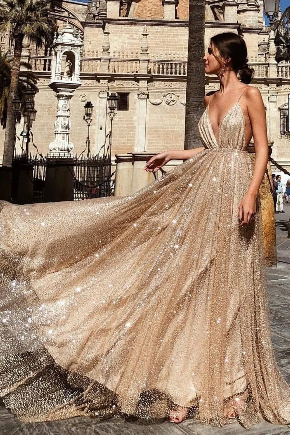 Shiny Deep V-Neck Midi Dress