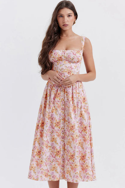 Elegant Printed Button-Down Sling Dress