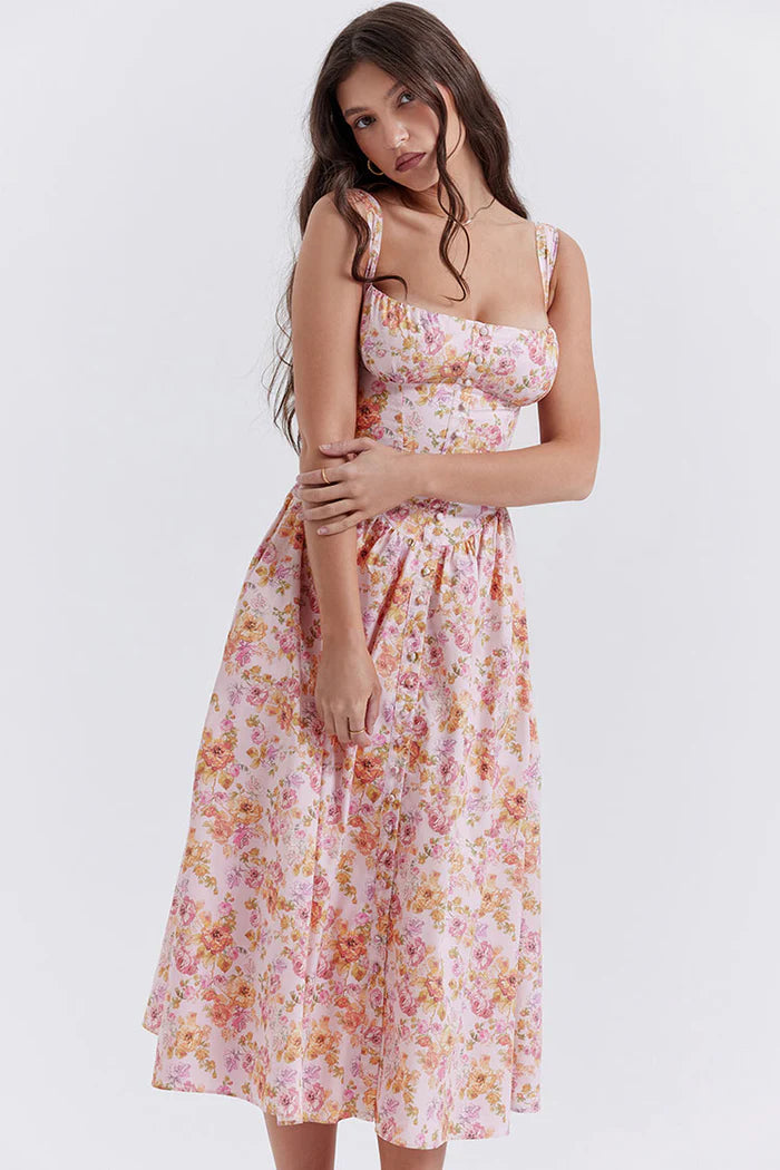 Elegant Printed Button-Down Sling Dress